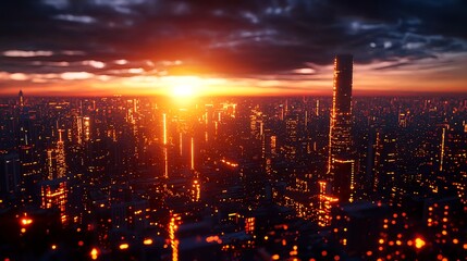 Fototapeta premium Sunset Over Urban Skyline with Dramatic Clouds and Reflections