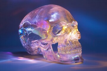 anatomically detailed crystal skull carved from clear quartz, dramatically lit with prismatic rainbow reflections casting ethereal patterns