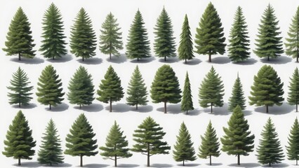 Collection of trees with shadow on white background
