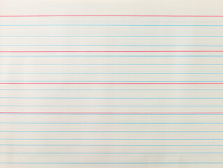 Close-up of notebook paper texture with faint blue horizontal lines and a red margin line. The surface has a smooth finish, with tiny imperfections visible under natural lighting