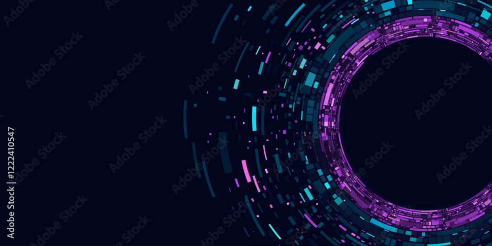 Poster big data visualization into cyberspace. digital circles of blue and purple web fragments. informatio