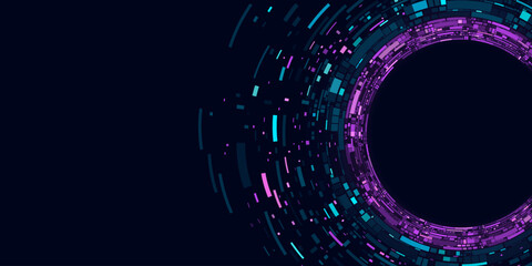 Big data visualization into cyberspace. Digital circles of blue and purple web fragments. Information particles in a neural network. Vector illustration. EPS 10 © sersupervector