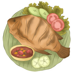 hand drawn illustration of indonesian food grilled fish, southeast asian food illustration, indonesian food illustration
