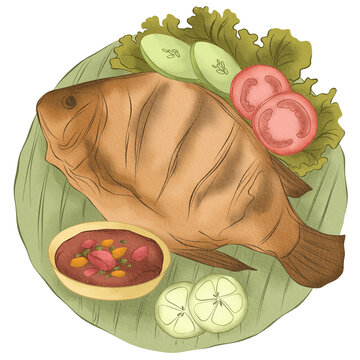 hand drawn illustration of indonesian food grilled fish, southeast asian food illustration, indonesian food illustration