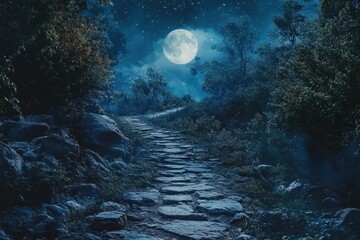A moonlit forest path with a large moon in the sky