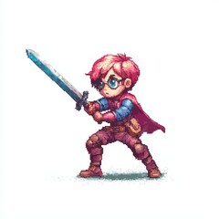 Retro Pixel Art Knight Holding Sword in Bold Red and Yellow Armor