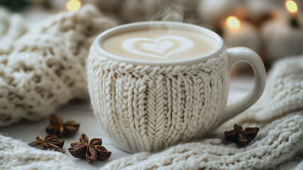 Cozy Winter Latte: A heartwarming image of a latte with heart-shaped latte art in a knitted cozy mug, surrounded by soft knitwear and star anise.
