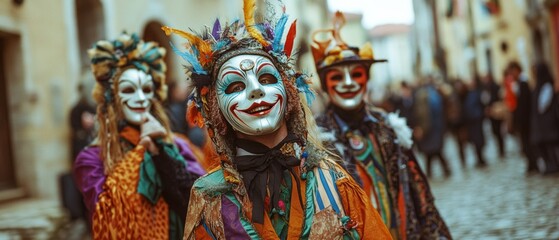 Fototapeta premium Colorful costumed characters parade joyfully through a cobblestone street during a vibrant festival, celebrating tradition and community.