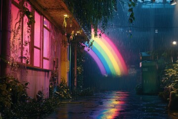 A rainbow is projected on the side of a building in the rain