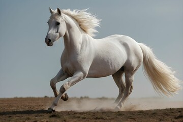 A majestic white horse is galloping swiftly through a dirt field