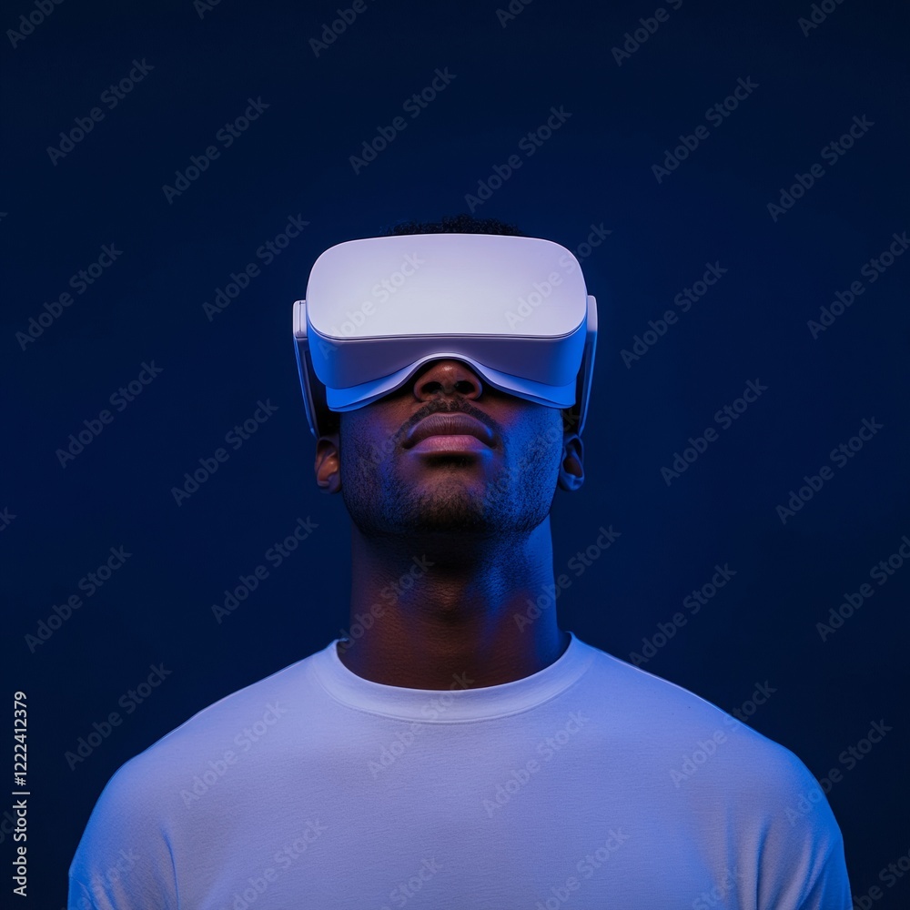Poster futuristic vr experience athletic mixed-race man in immersive blue light setting - cutting-edge ai a