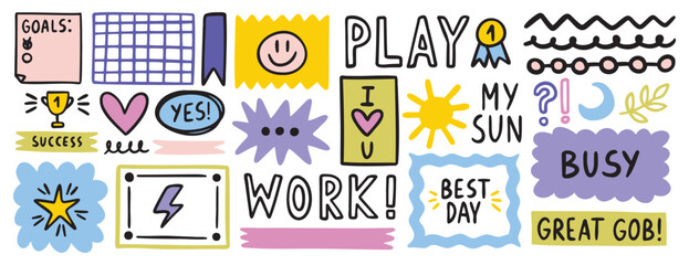 Diary bullet notes cute journal border elements. Memo icon, sticker for school, girls.