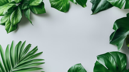 Fototapeta premium Tropical leaves border frame on white background