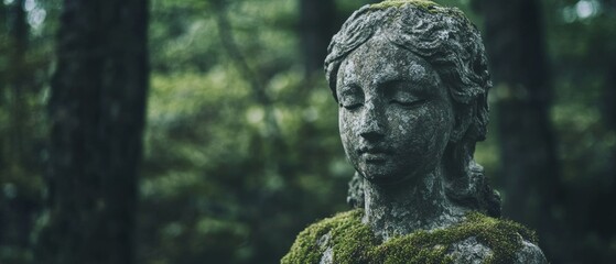 Obraz premium A moss-covered statue, serene and weathered, stands amid a forest where nature and art intertwine, embodying history and quiet contemplation.