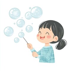 Cheerful child is creating floating soap bubbles holding a wand and smiling isolated on white background