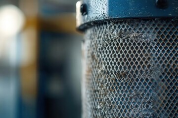 Close-up of an air filter clogged with dust particles, showcasing advancements in air quality control technology and innovative modern solutions.