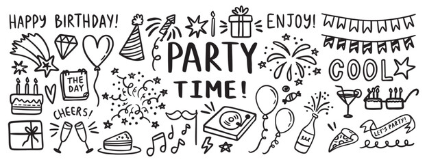 party happy birthday doodle hand drawn icon set. Outline drawing sketch Birthday decoration, gift box, party hat, cake line clipart symbol collection