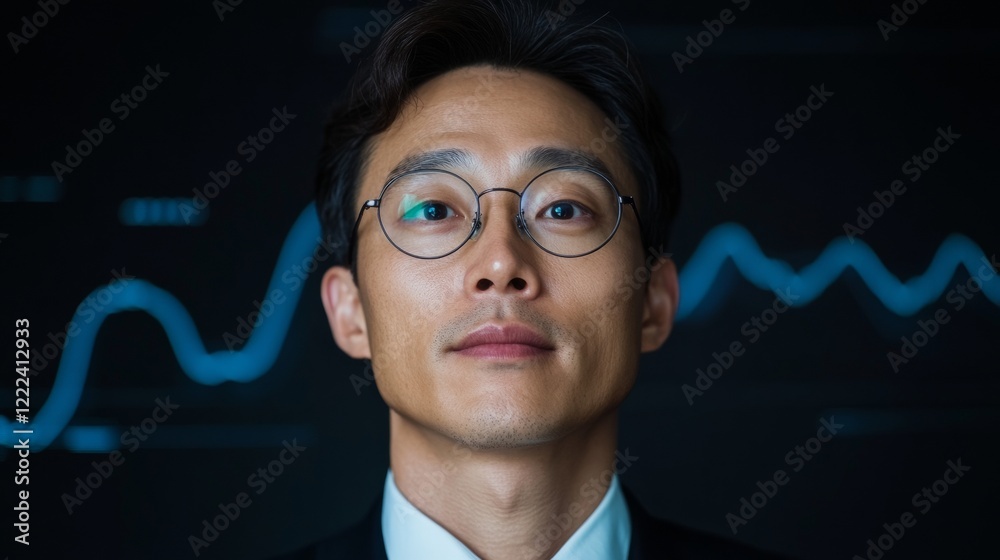 Aufkleber futuristic office analytics korean businessman in sleek modern workspace engages with digital public