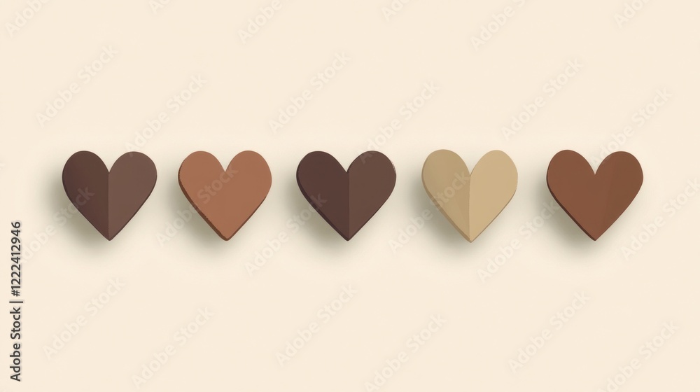 Poster five unique brown hearts are carefully arranged on a pale background, creating an artistic display t