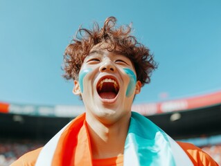 Dynamic Social Bonding Young Korean Male Cheering with Team Scarf and Face Paint - Enhancing Collective Sports Viewing Experiences for Cultural Event Marketing and Community Engagement
