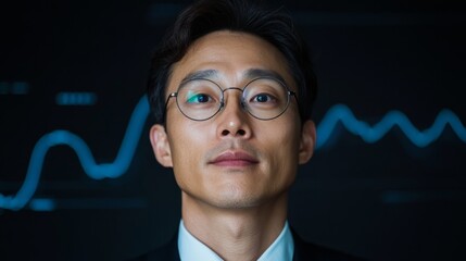 Futuristic Office Analytics Korean Businessman in Sleek Modern Workspace Engages with Digital Public Tender Tech for Government Contracts Optimization