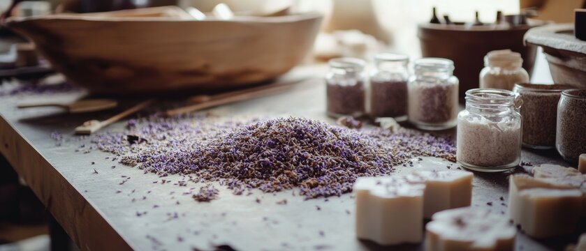 A rustic workshop table scatters with lavender and handmade soaps, capturing a cozy and artisanal vibe.