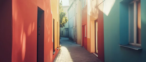 A narrow alley with vibrantly colored walls basks in sunlight, creating an inviting path that celebrates color and architectural charm.