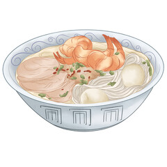 hand drawn illustration of vietnamese food kwetiaw, southeast asian food illustration, food illustration