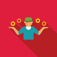 Juggler balancing rings in a flat design illustration with long shadow on a red background