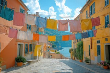 Clothes hanging between colorful buildings in cinque terre, italy