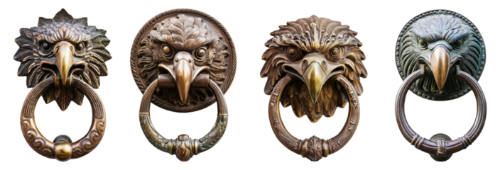 Extreme close-up, ancient eagle head door knocker, isolated on white or transparent background, png. Collection and variation. Generative Ai.