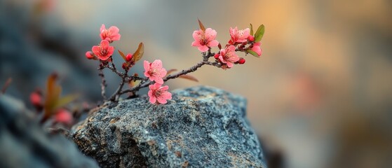 Delicate pink blooms sprout vibrantly from a rugged rock against a blurred backdrop, showcasing the beauty of resilience and natural elegance.