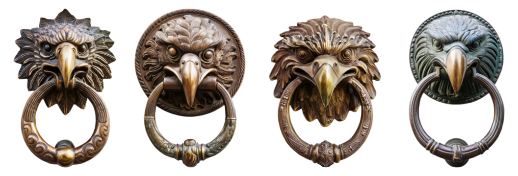 Extreme close-up, ancient eagle head door knocker, isolated on white or transparent background, png. Collection and variation. Generative Ai.