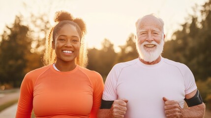 Golden Hour Fitness Journey Multi-Generational Runners on Vibrant Park Trail - Celebrating Adaptive Health and Social Connection in Modern Lifestyle Imagery