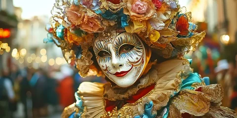 Venetian mask and costume dancer in a street parade carnival traditional celebration in Venice Italy