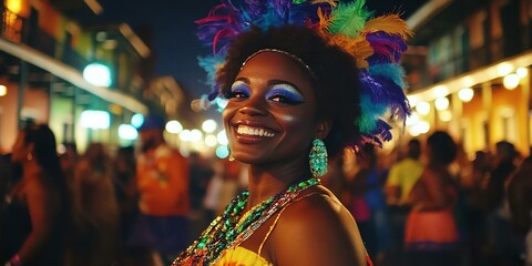Obraz premium Smiling African American black woman in a Mardi gras street parade in New Orleans make up and costume with feathers carnival traditional celebration