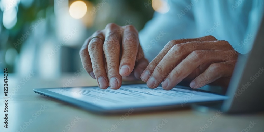 Poster Tech-Driven Digital Reporting Modern Diverse Hands on Touchscreen Tablets Displaying Secure Online Forms for Efficient Public Sector E-Documentation and Data Protection