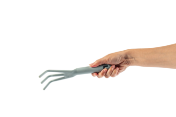 Garden tools with blue grips and hand on a transparent background