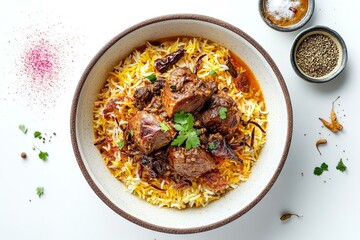 Traditional Indian Biryani Dish with Aromatic Spices and Garnished Rice on White Top View