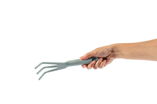 Garden tools with blue grips and hand on a transparent background