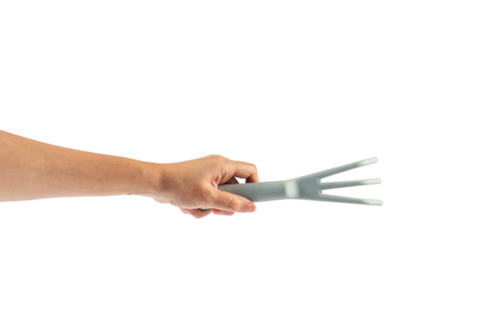 Garden tools with blue grips and hand on a transparent background