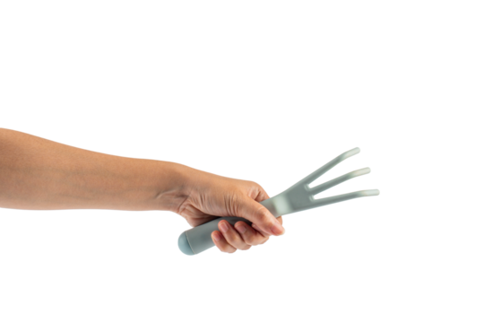 Garden tools with blue grips and hand on a transparent background