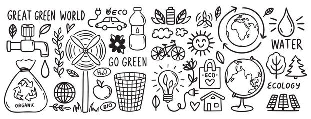recycle eco friendly and green world concept doodle hand drawn icon set. Outline drawing recycle eco friendly line clipart symbol collection © Yanka