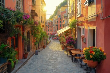 Obraz premium Warm sunlight illuminating picturesque street in manarola, cinque terre