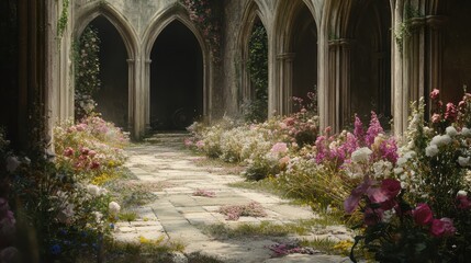 Fototapeta premium Stone Archway Pathway Flower Garden Blooms