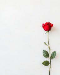 Fototapeta premium A striking red rose stands upright against a bright white backdrop, showcasing its vibrant petals and green leaves.