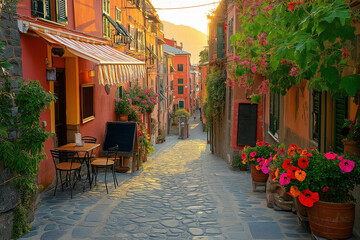 Obraz premium Picturesque italian street with colorful flowers at sunset