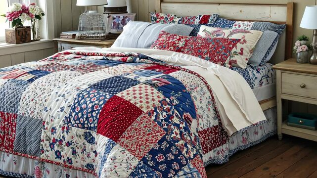Cozy bedroom featuring a colorful patchwork quilt with floral designs on a comfortable bed in a sunlit room