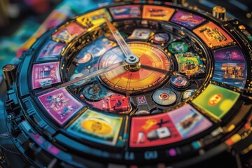 A colorful clock with a variety of images on it