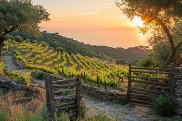 ancient stone vineyard terraces at sunset, mediterranean coastline with gnarled olive trees, rustic wooden gates, and wild herbs, bathed in golden hour light